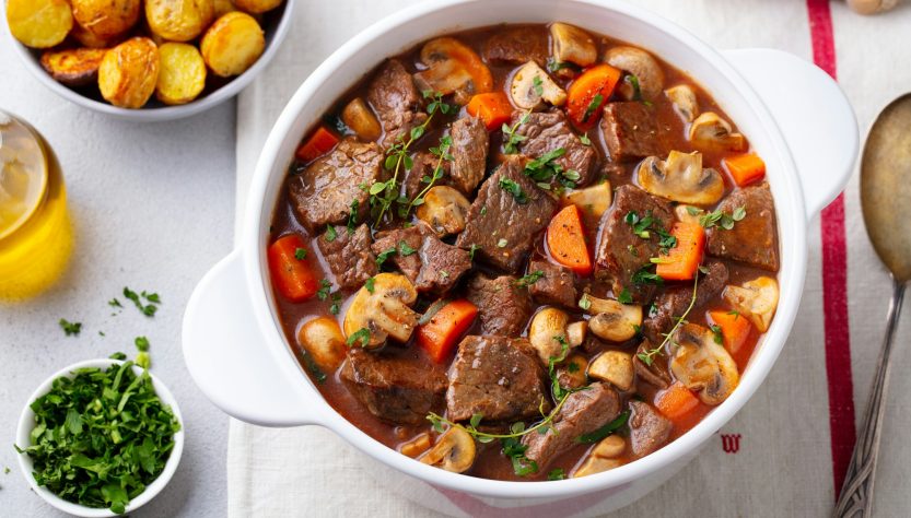 Beef Bourguignon Stew with Vegetables. Close up. Top view.