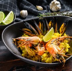 The Spanish Seafood paella with prawns, shrimps, octopus and mussels